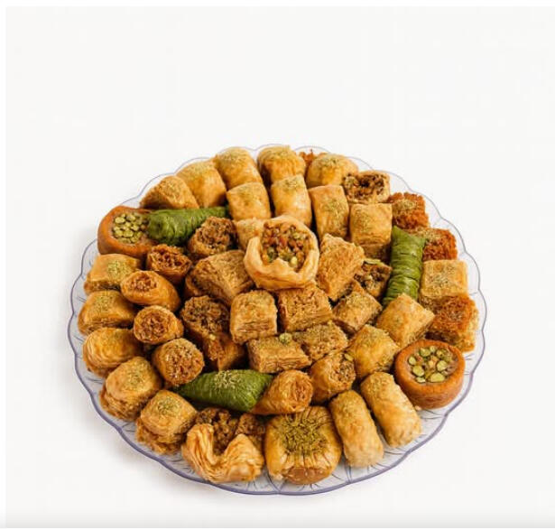Baklawa Assorted $49.99 A mixed tray of Middle Eastern baklawa: flaky phyllo pastries filled with nuts—rolls, nests, fingers and squares, finished with syrup.