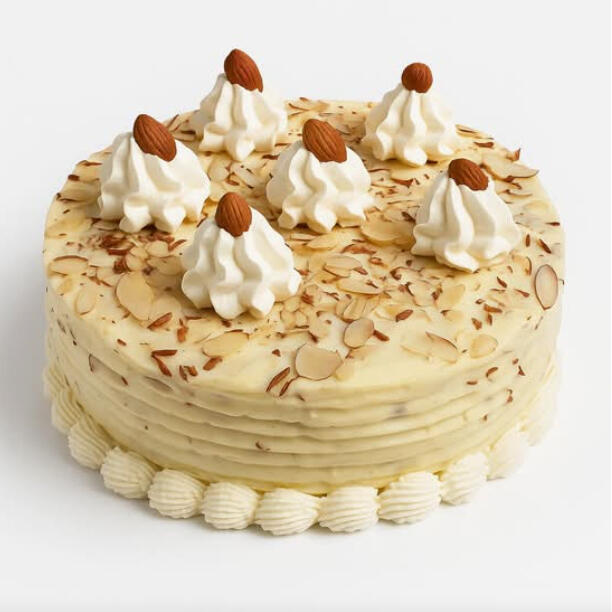 Vanilla Almond Cake (10 inches) $62.99 Vanilla cake covered in almond-studded frosting, finished with frosting swirls and whole almonds.
