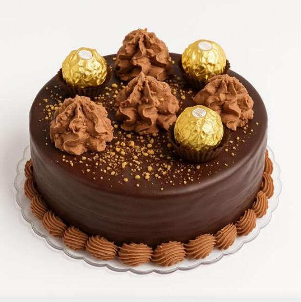 Ferrero Rocher Cake (10 inches) $62.99 Chocolate cake coated in chocolate icing, crowned with Ferrero Rocher chocolates and piped swirls for a chocolate‑hazelnut finish.