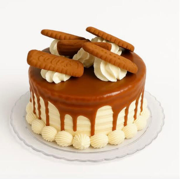 Lotus Cake (10 inches) $62.99 Cream-frosted cake with a caramelized biscuit drip, topped with cream swirls and Lotus biscuits.