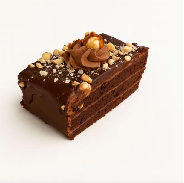 Chocolate Hazelnut Cake Slice $7.49 Layered chocolate cake covered in chocolate ganache, finished with chopped hazelnuts and a chocolate cream rosette.