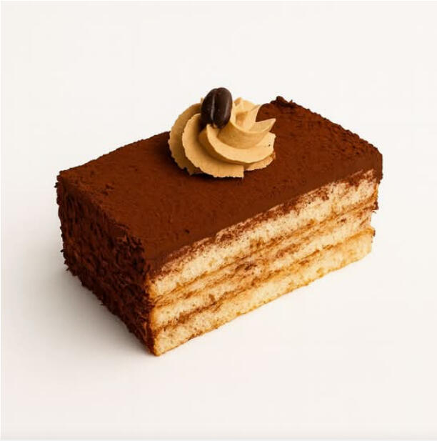 Mocha Cake Slice $7.49 Layered sponge cake with mocha cream, cocoa‑dusted top, finished with a mocha.
