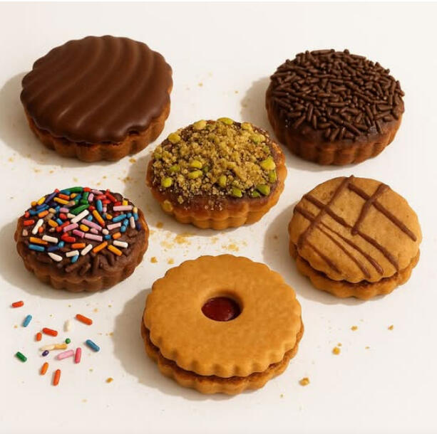 Petit Fours Mix $40.00 Assorted petit fours: chocolate-coated, sprinkled, pistachio-topped, and jam-centred cookies.